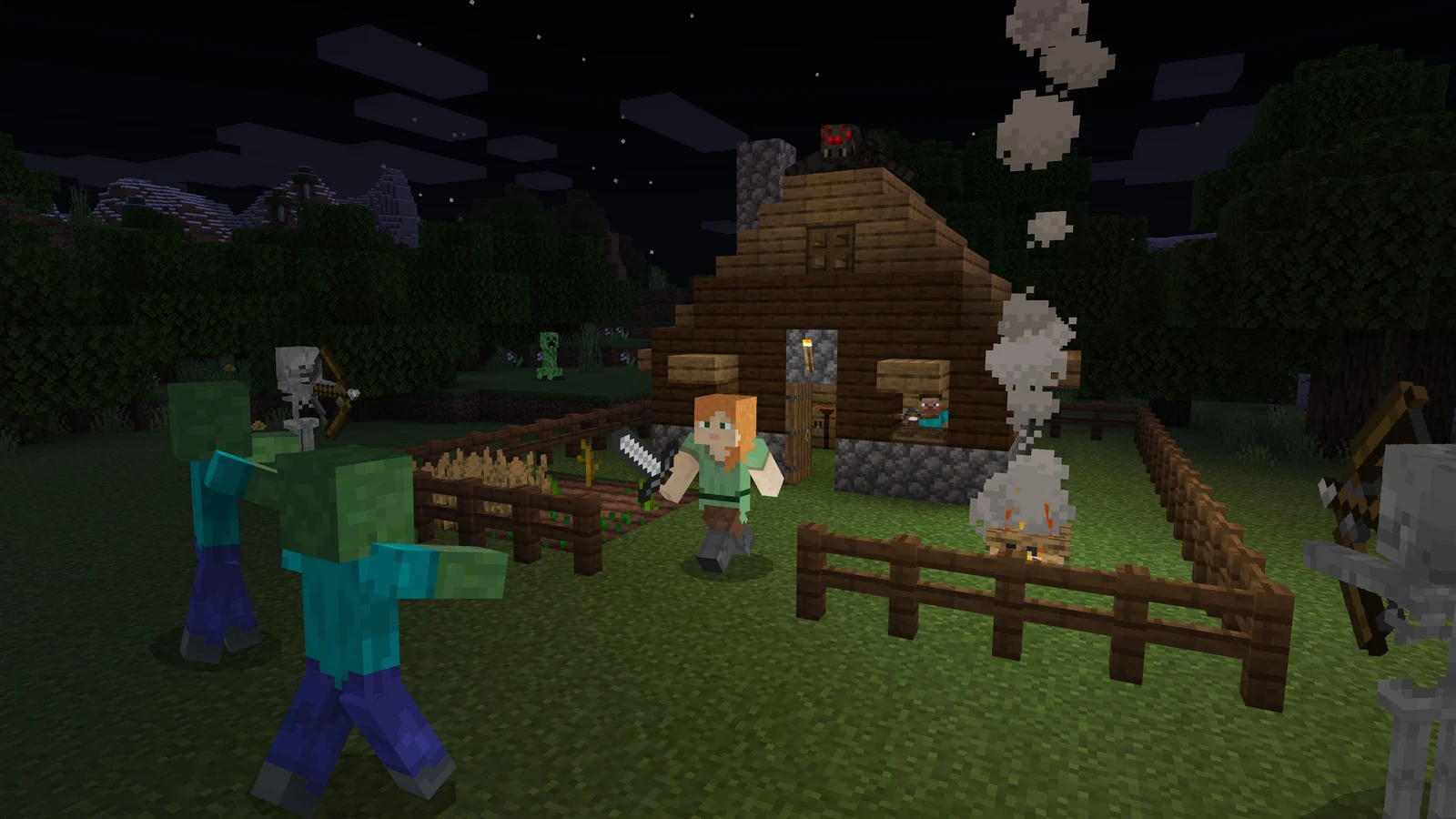 Alex i Steve przy drewnianym domu w oficjalnym materiale Minecrafta.