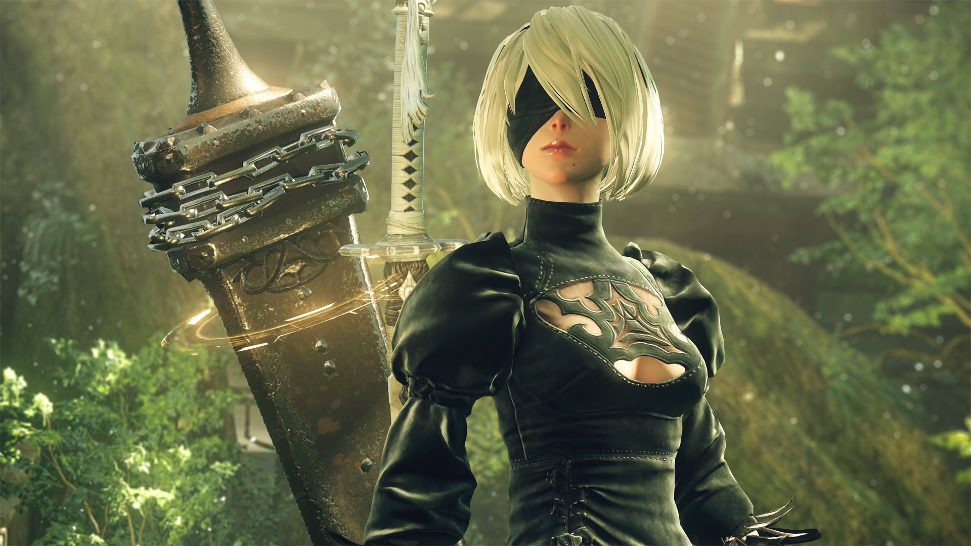 Close-up of 2B in NieR:Automata from an official Steam screenshot
