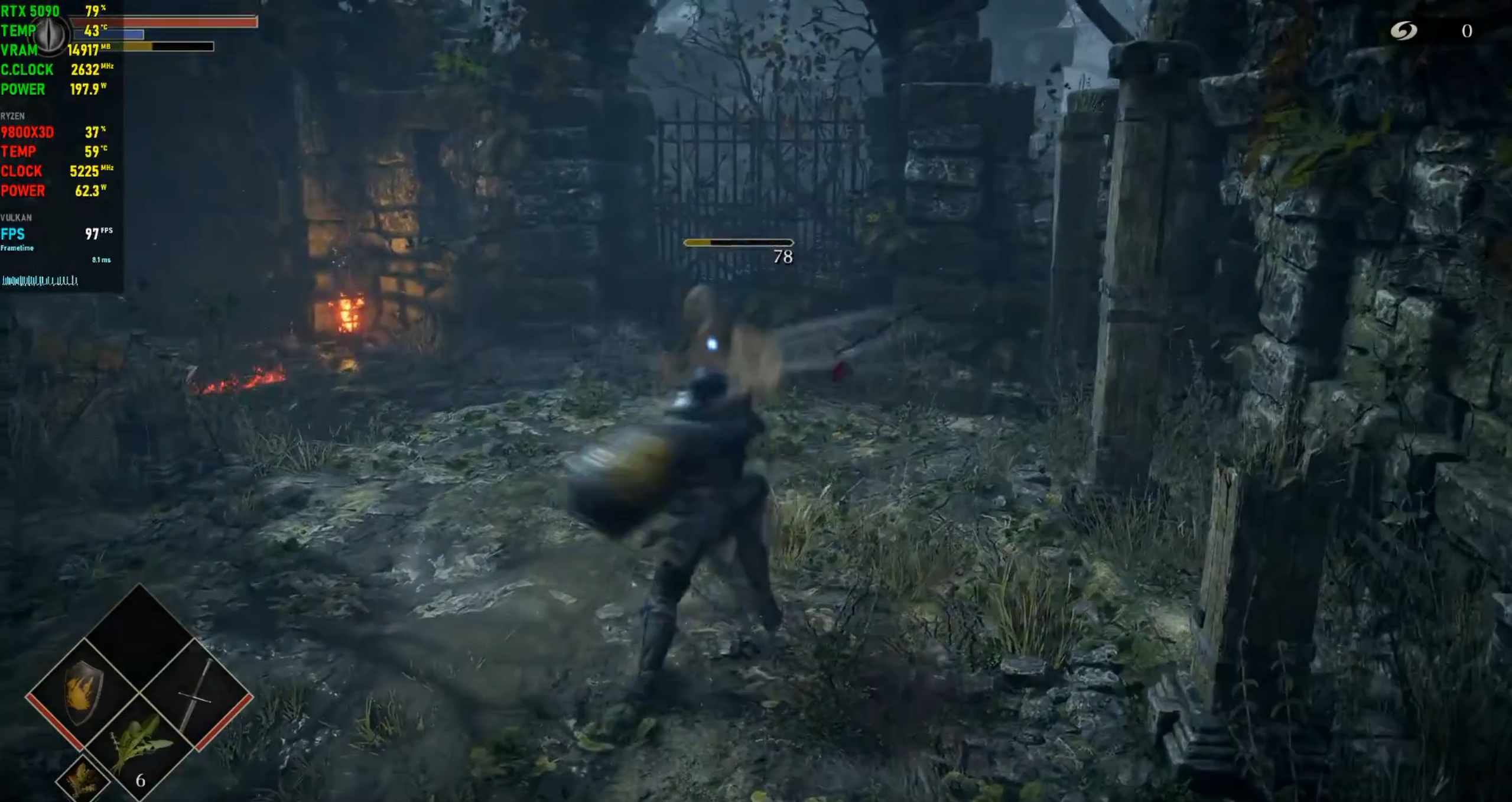 Demon’s Souls Remake frame with an overlay showing 97 FPS, RTX 5090 and Ryzen 9800X3D