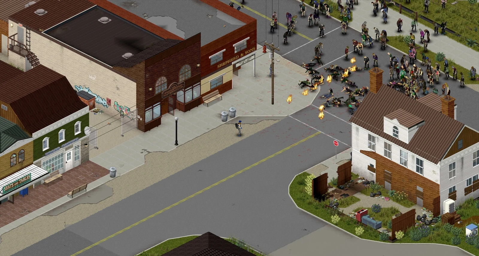 An isometric street view in Project Zomboid from a store screenshot.