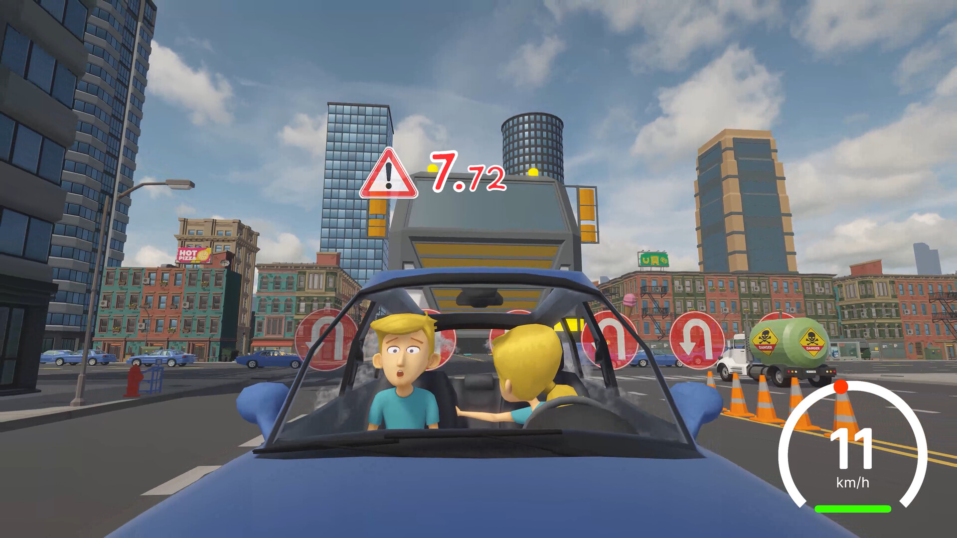 Teach My Little Sister How To Drive: car on a city road, characters and speed indicator