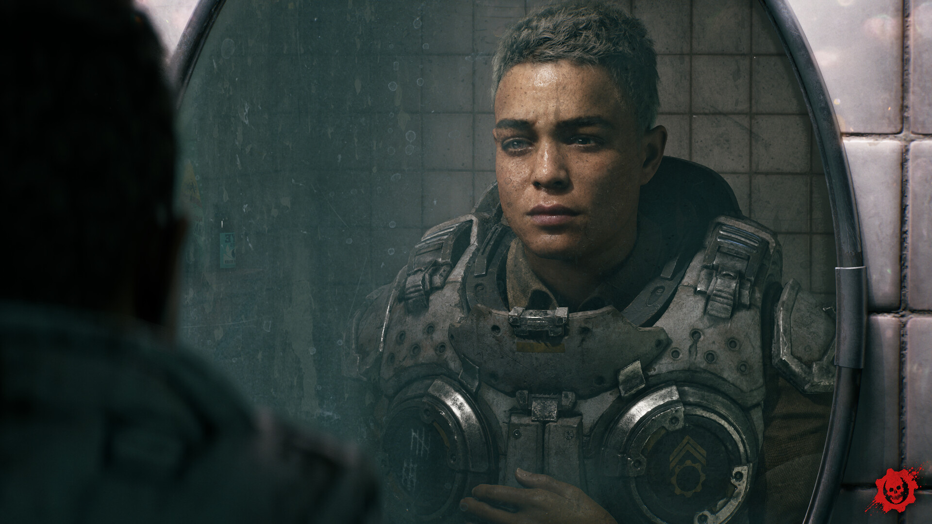 Portrait of an armored female character in Gears of War: E-Day