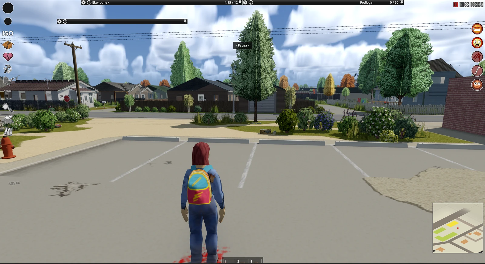 The author’s own 3D Project Zomboid screenshot: a third-person camera behind a character in a parking lot.