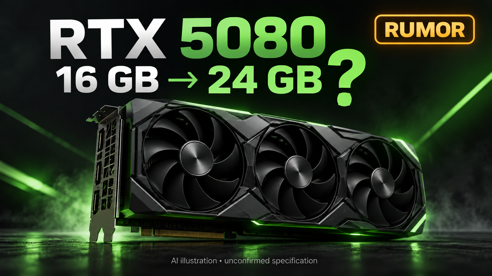 AI illustration: RTX 5080, 16 GB to 24 GB with a question mark and rumor label
