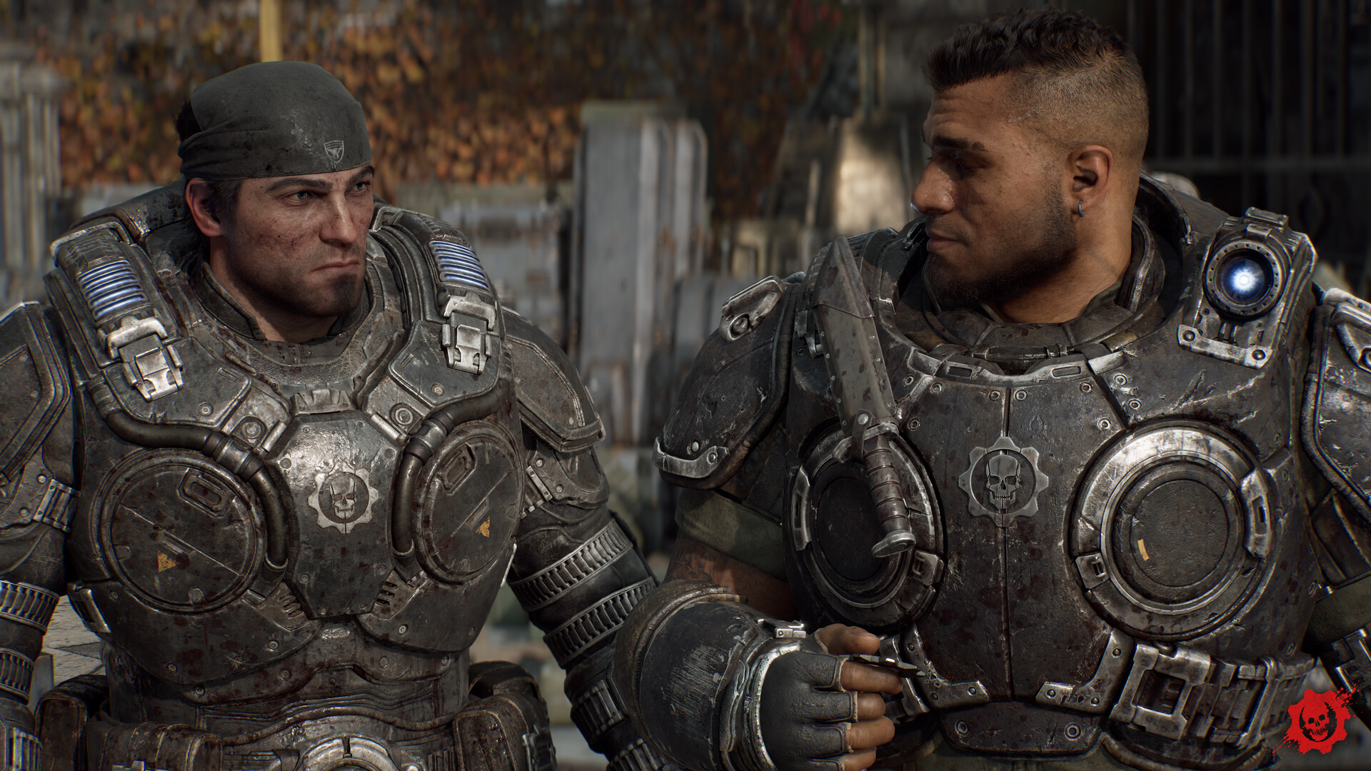 Two male characters wearing heavy armor in Gears of War: E-Day