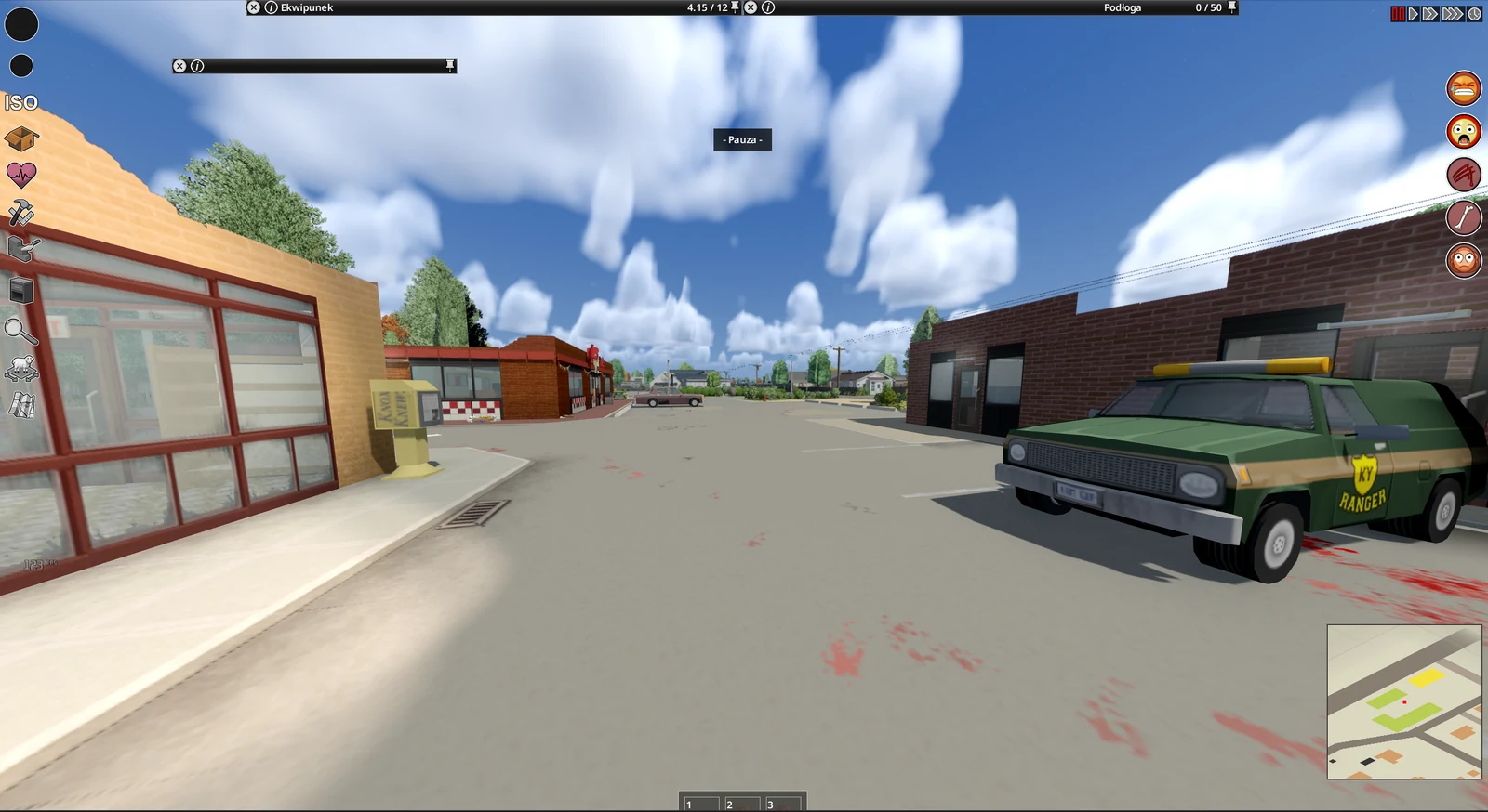 Project Zomboid w 3D: własny screenshot autora z ulicą i samochodem w widoku z pierwszej osoby.