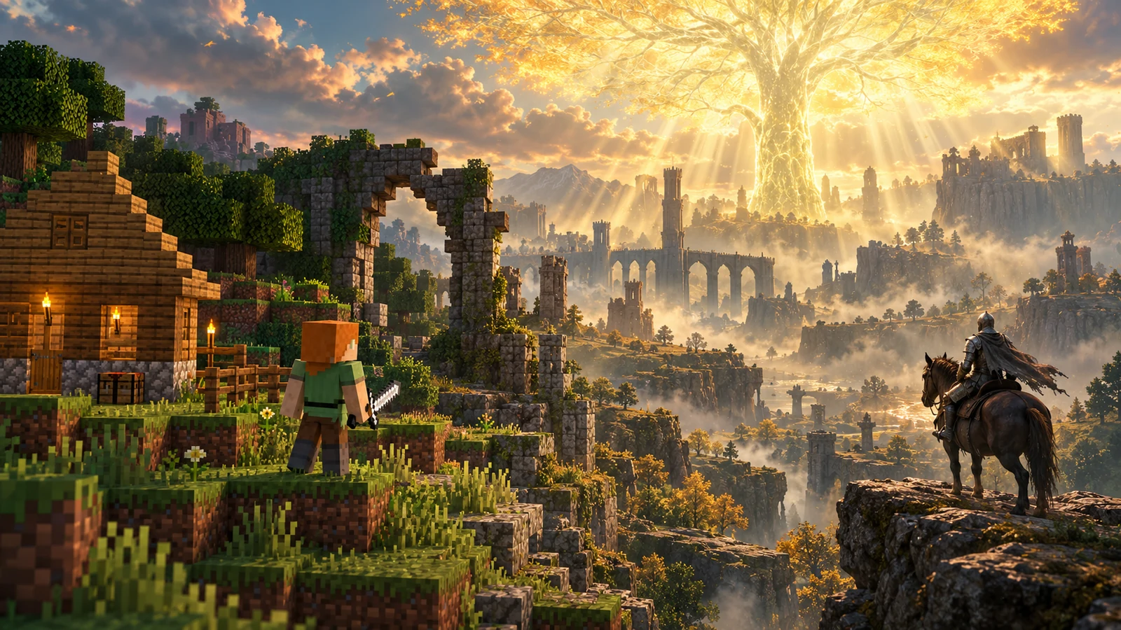 Ilustracja AI: świat z bloków Minecrafta łączy się z ruinami i złotym drzewem inspirowanymi Elden Ringiem.