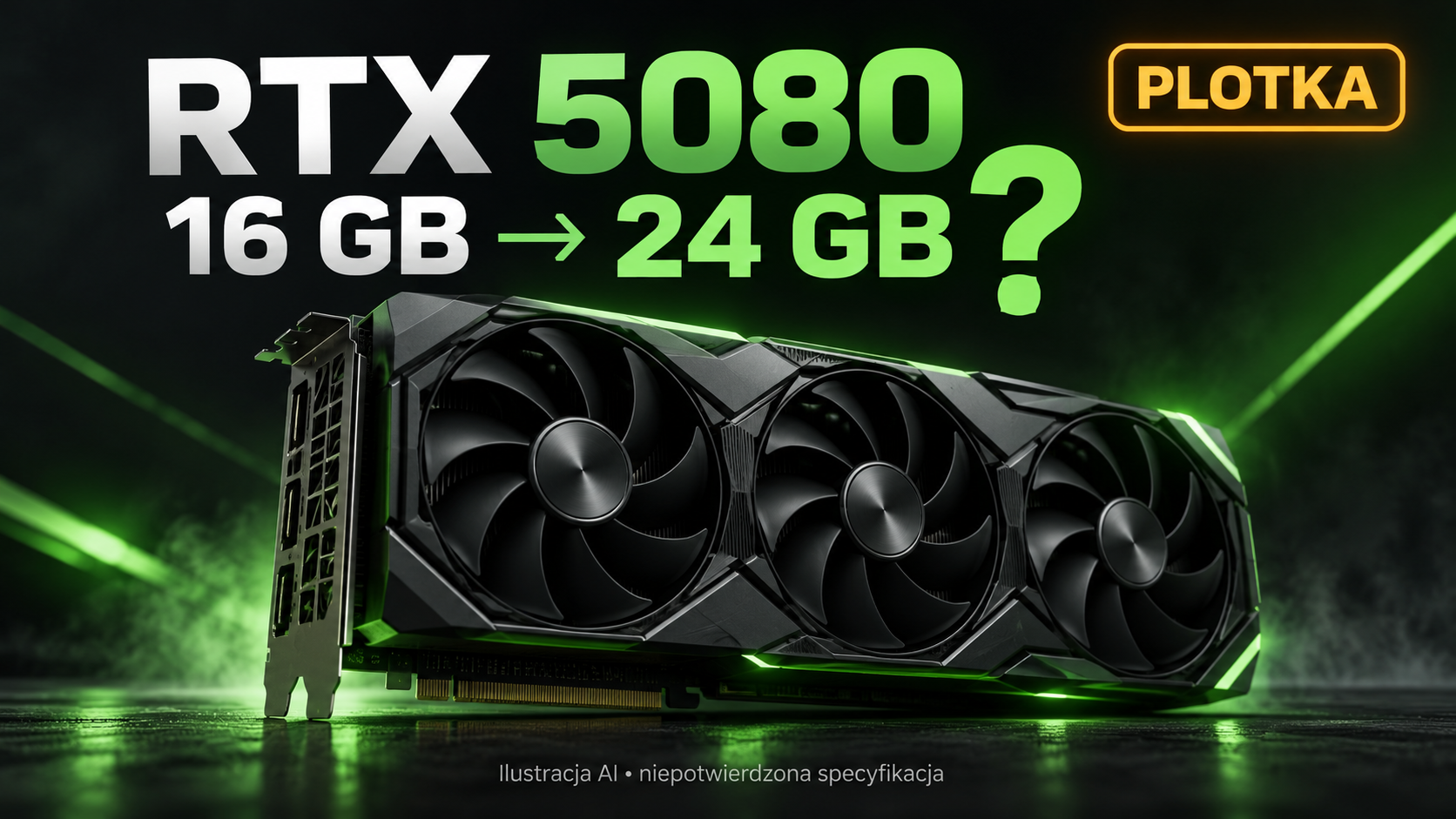 Ilustracja AI: RTX 5080, 16 GB do 24 GB ze znakiem zapytania i etykietą plotka