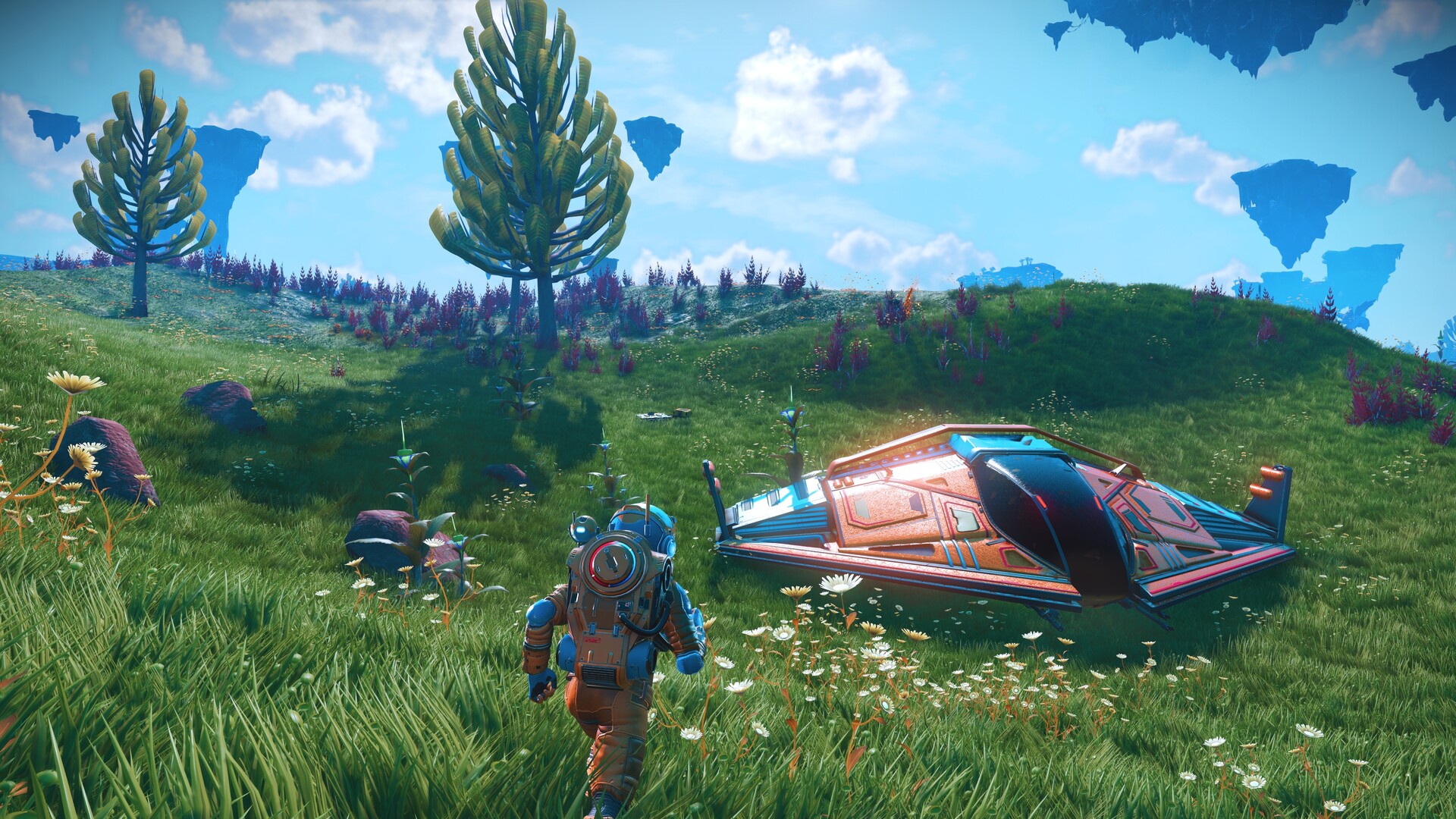 Explorer and spacecraft on a green planet in No Man’s Sky