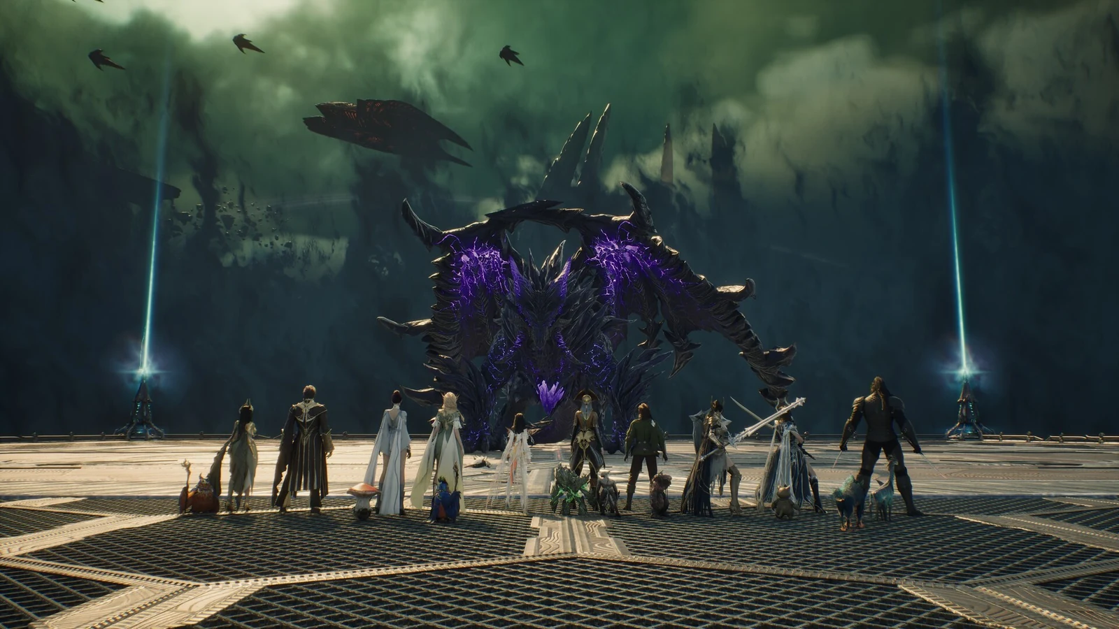 A party of AION 2 characters faces an enormous horned enemy glowing with purple energy