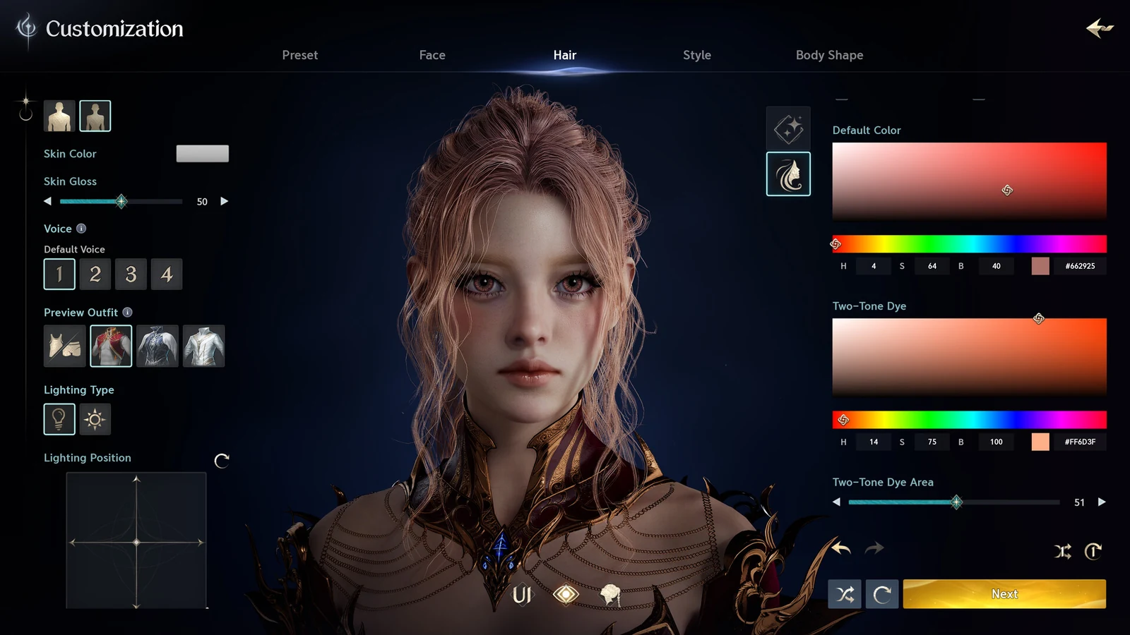 AION 2 character creation screen with hairstyle, colour and appearance settings