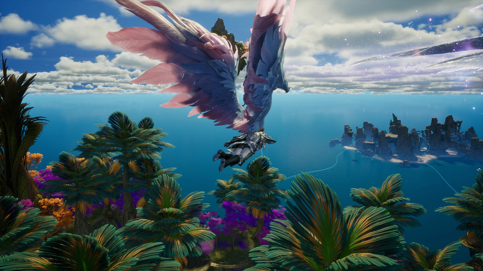 A winged character flies above a tropical coastline in AION 2