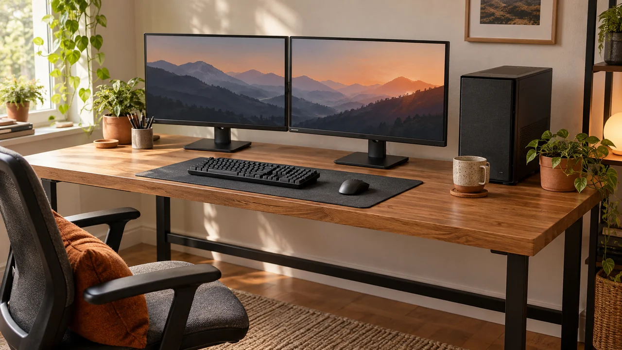 AI illustration: a wooden desk with two monitors, a keyboard and a desktop PC