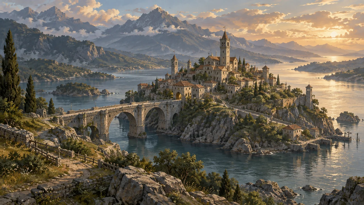 AI concept illustration of an original fantasy realm: a stone city and bridge over water; not an FFXIV screenshot