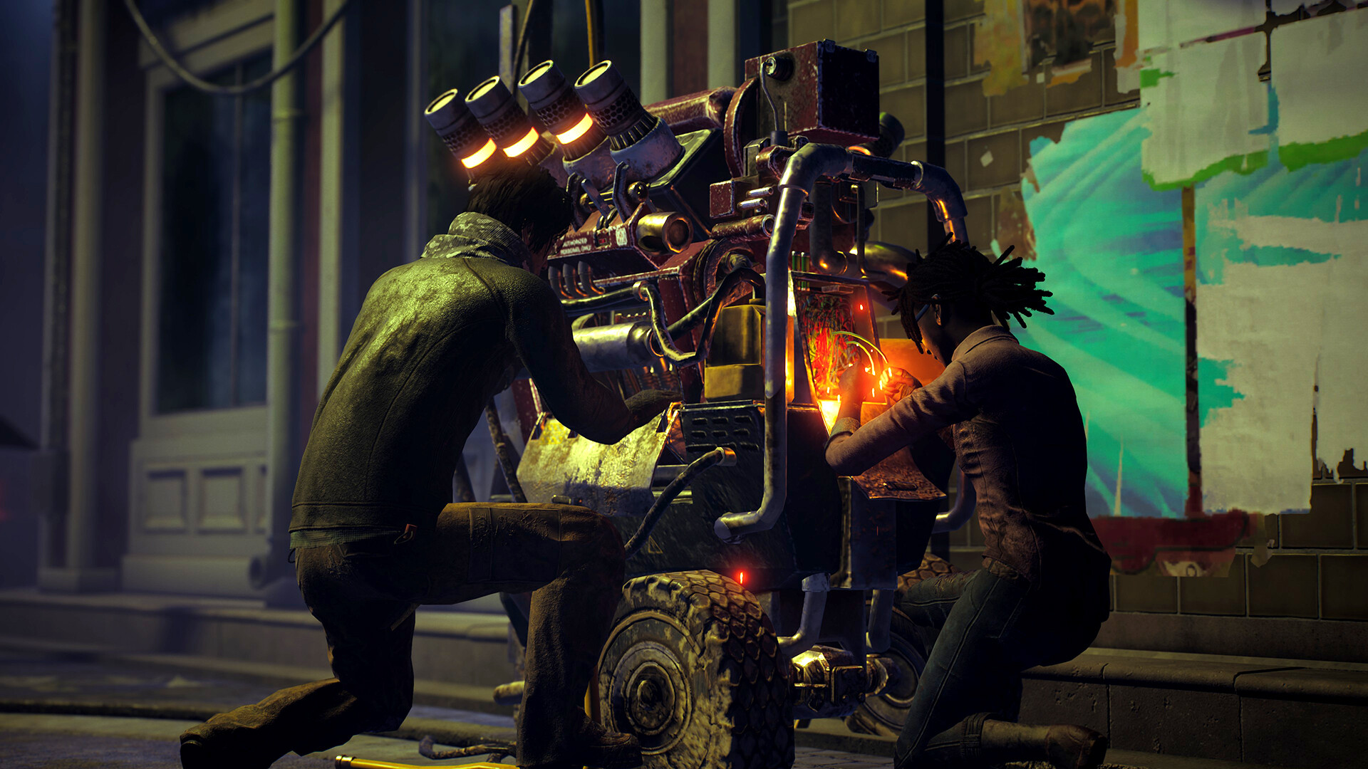 Two survivors repair a generator together.