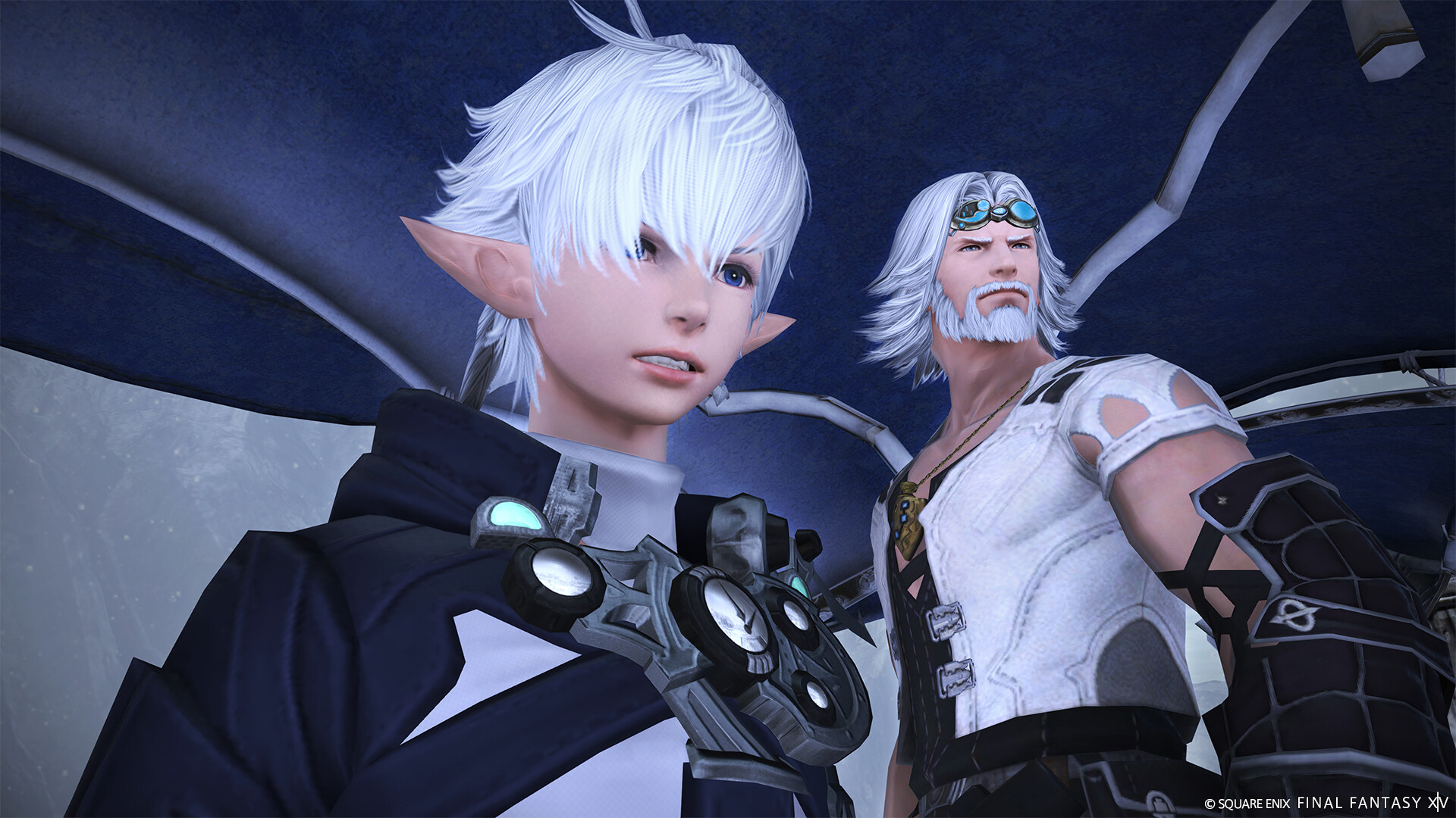 Dwie postacie z Final Fantasy XIV na pokładzie statku.