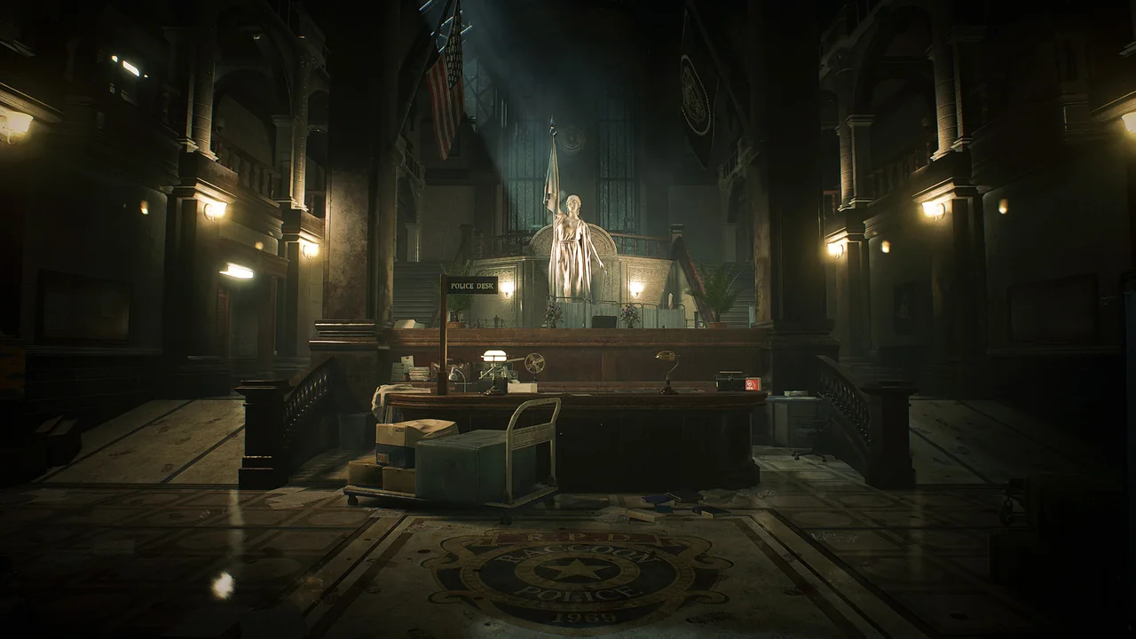 The R.P.D. main hall with its statue, reception desk and stairs