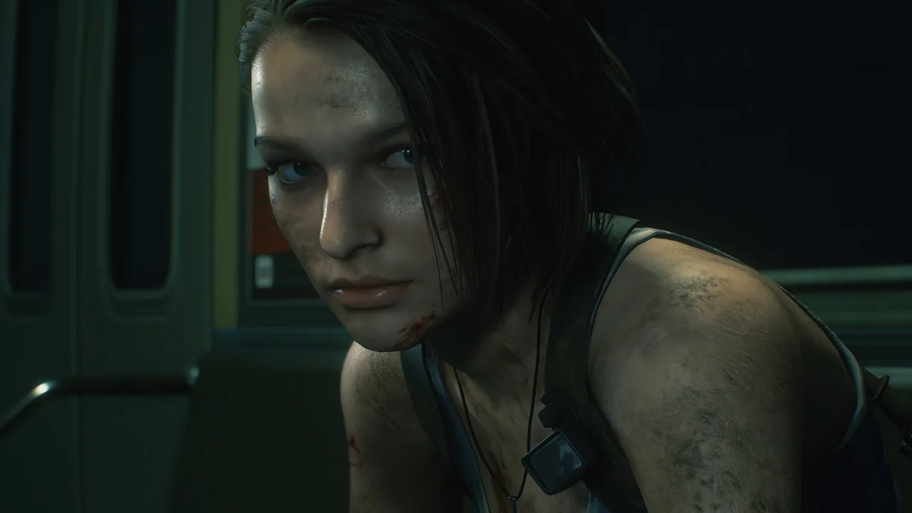 A close-up of an exhausted Jill Valentine inside a vehicle