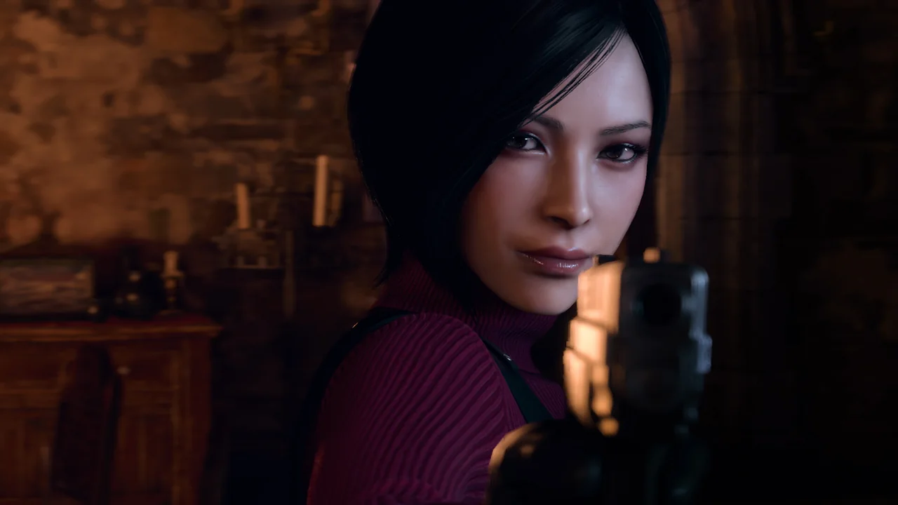 Ada Wong in red against the backdrop of a stone interior