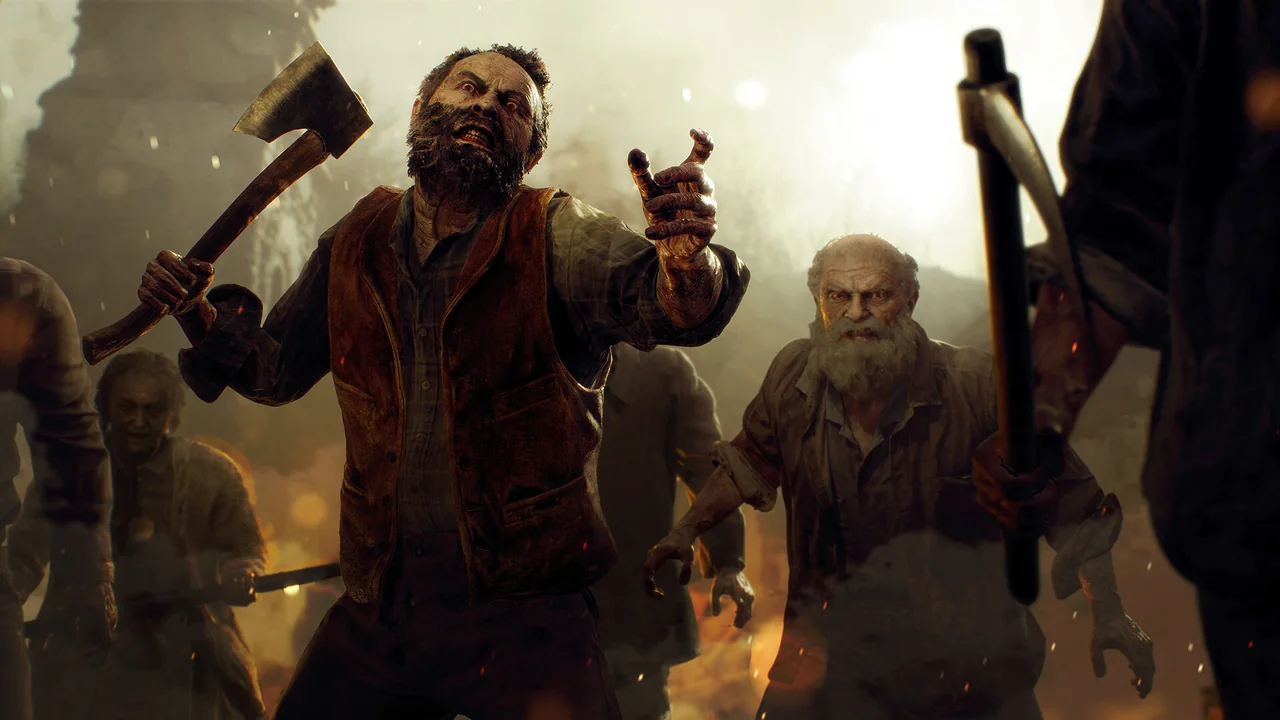 A group of Ganados approaching the player, the nearest holding an axe