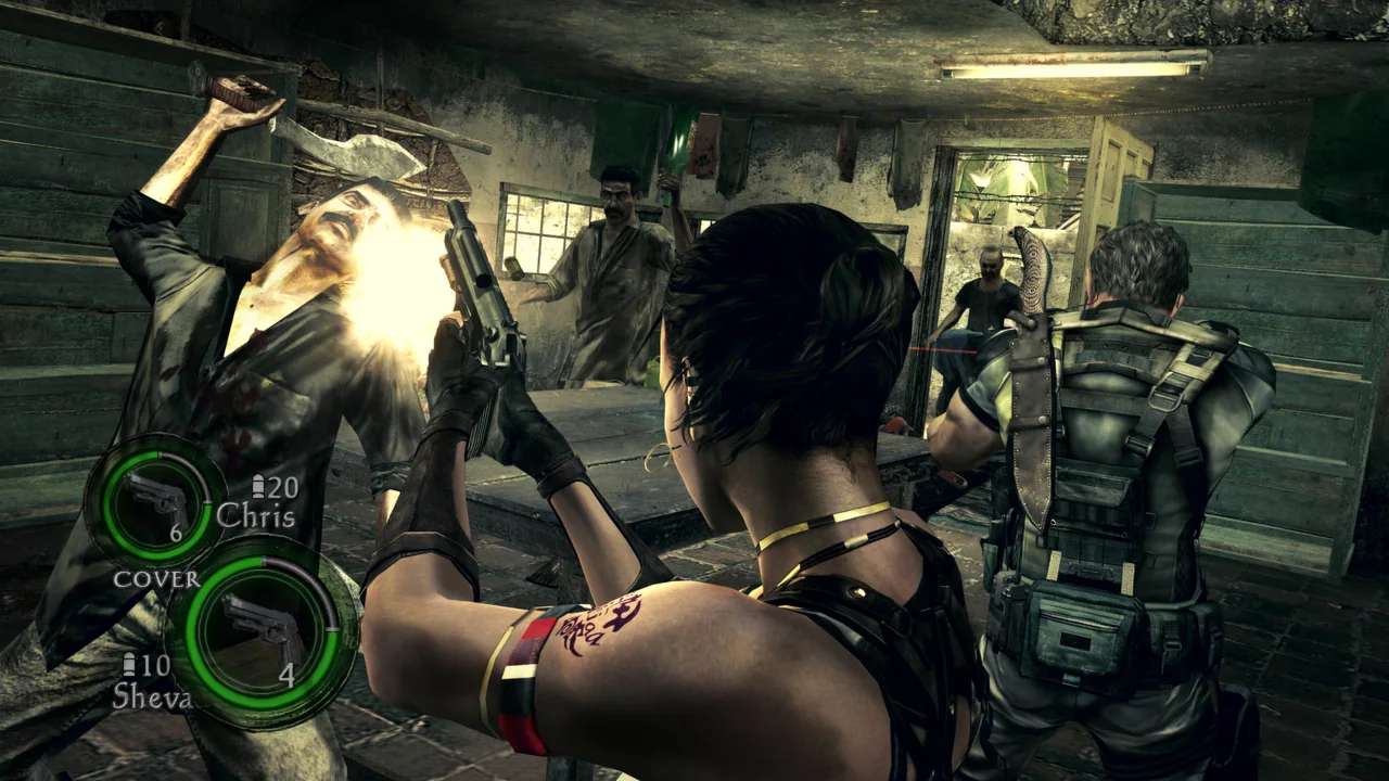 Sheva aims at nearby enemies while Chris fights beside her, with the HUD in the lower corner