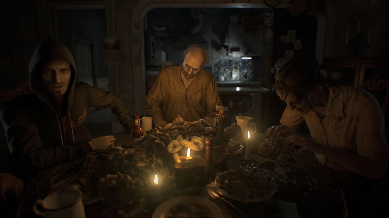 The Baker family around a table in a dark dining room