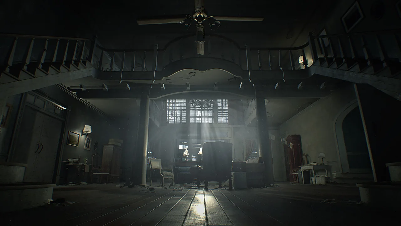 The Baker house main hall with stairs, a ceiling fan and dim lighting