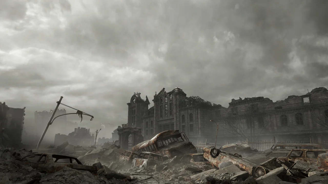 A ruined Raccoon City street with rubble, wrecked vehicles and damaged buildings