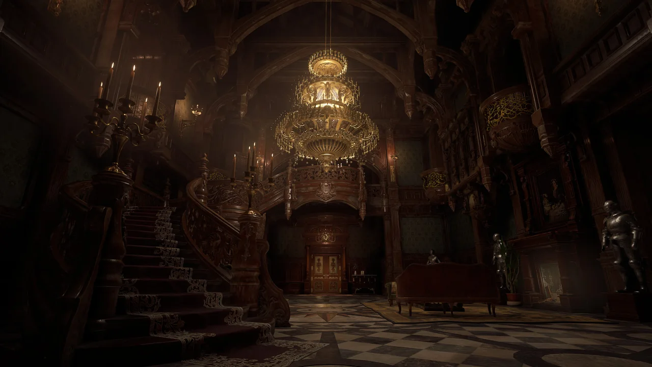 Dimitrescu castle interior with broad stairs, a chandelier and elaborate decoration