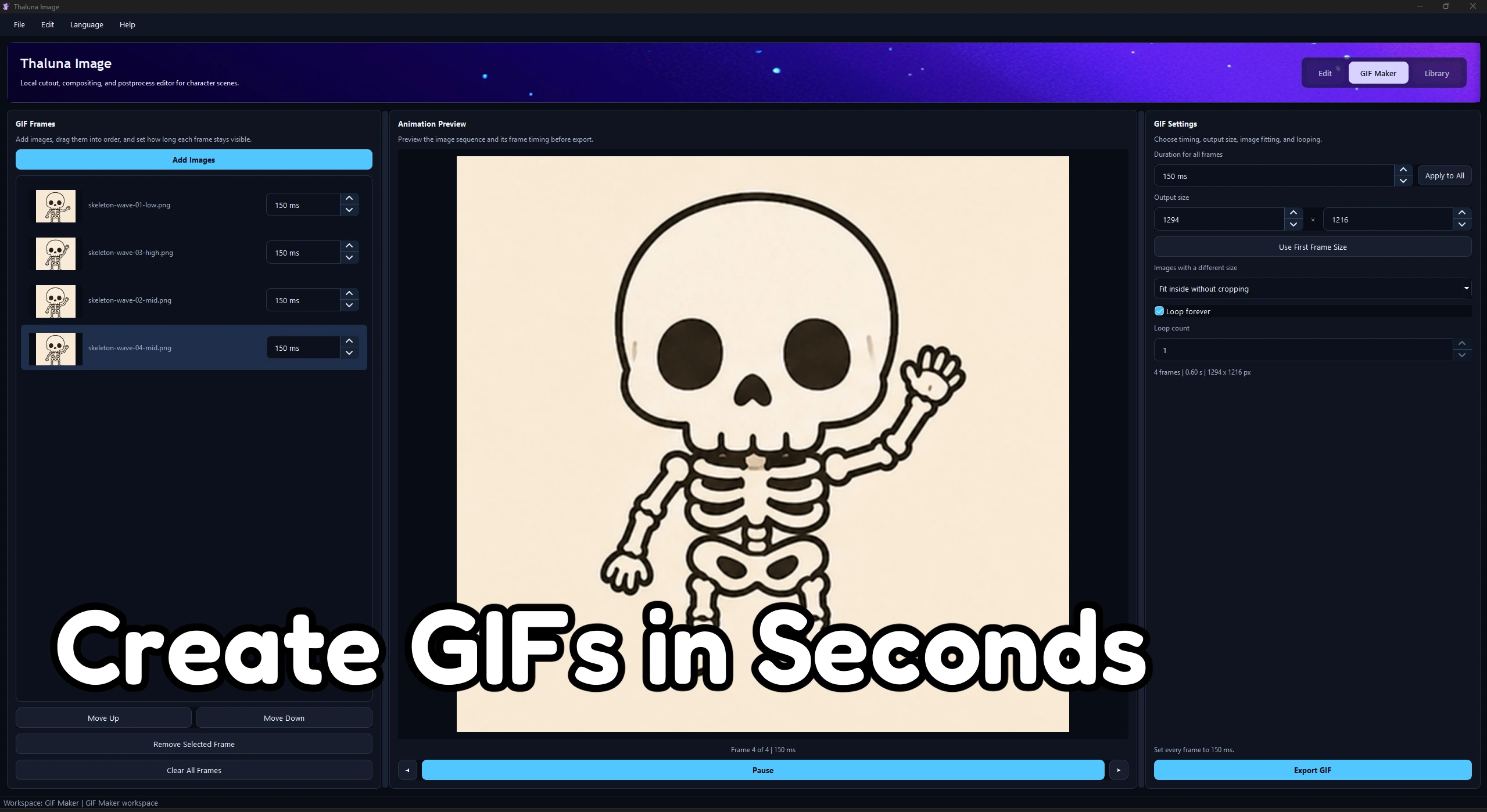 Thaluna Image GIF Maker with four frames, a skeleton animation preview and export settings