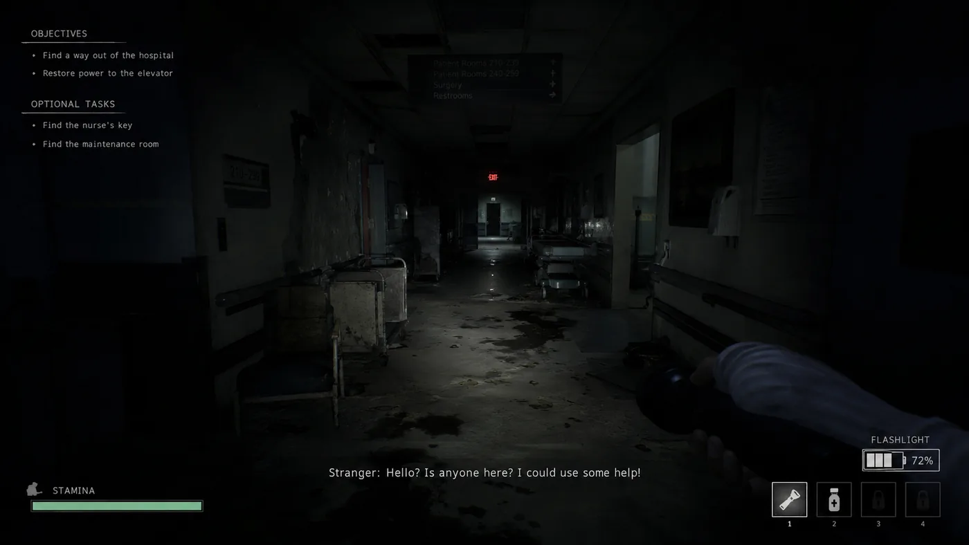 Illustrative demo scene before translation, with objectives and subtitles in English